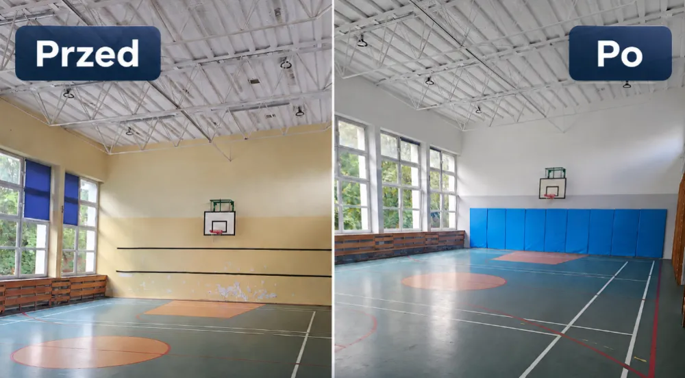 Kolaż przedstawiający salę przed remontem i po remoncie